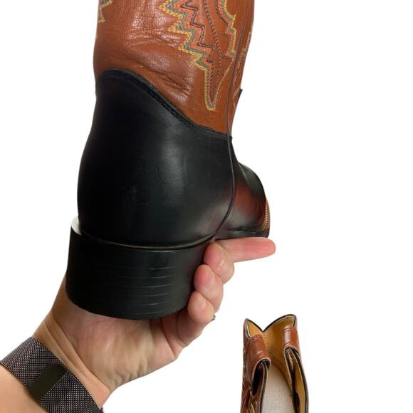Justin Boots Mens 9D Black Brown Leather Western Cowboy Boots USA Made Tough